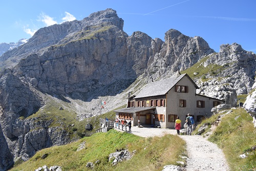 Happy to reach the Rifugio Coldai and lunch after a long climb