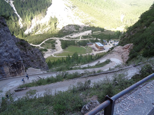 Heading down the steep trail towards the busy Rifugio Pederu