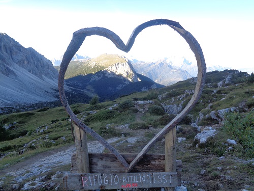 Looking through the heart sculpture at Rifugio Tissi