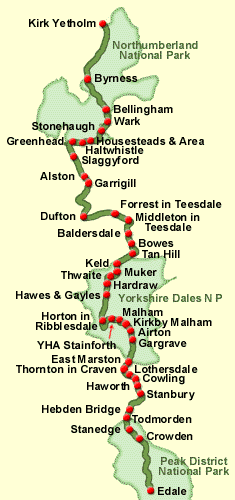 The Pennine Way map from Edale in the Peak District to Kirk Yetholm in the Scottish Borders