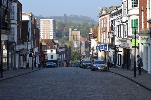 Looking down a sleepy Guildford town centre in the morning