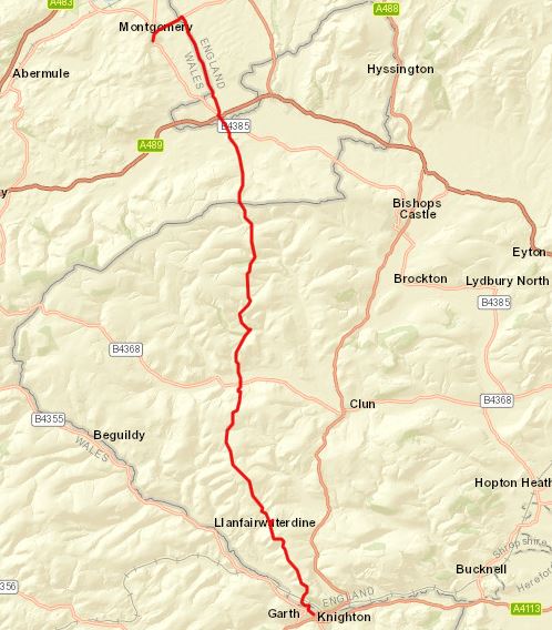 Day 6 route from Knighton to Montgomery