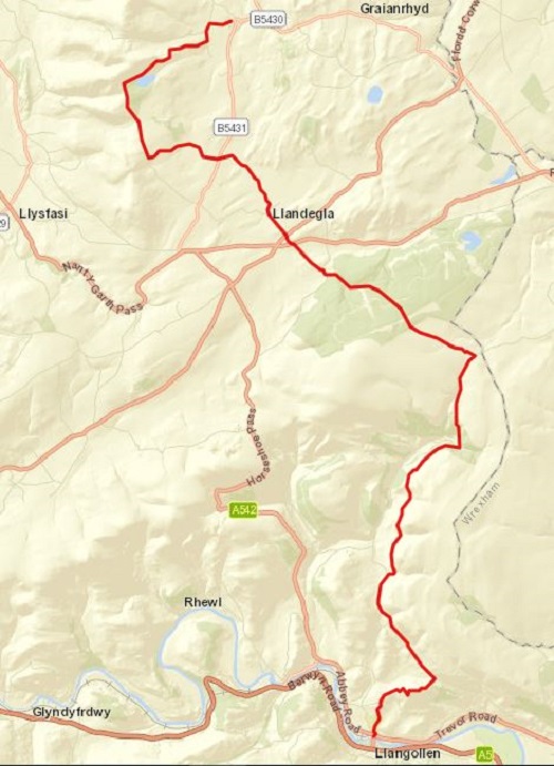The route between Llangollen and Llanarmon on Day 9