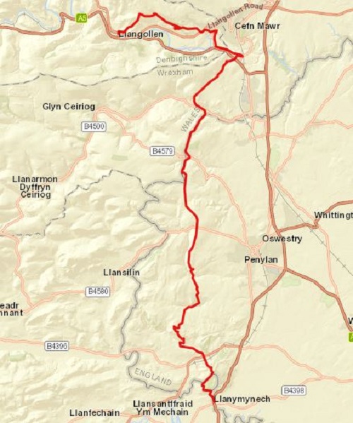The route on Day 8 between Llanymynech and Llangollen