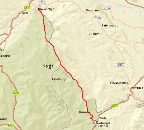 The route on Day 3 between Pandy and Hay-On-Wye