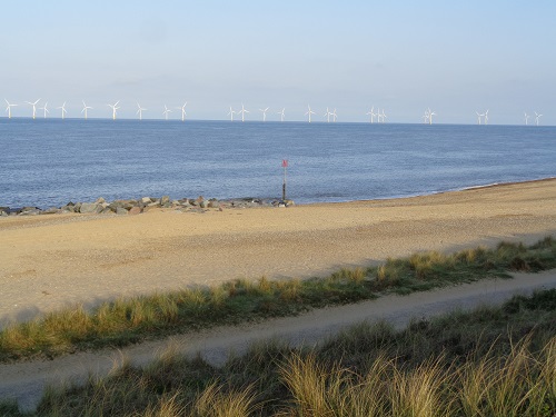 Looking over the beach at the horrible wind farm near Caister-On-Sea