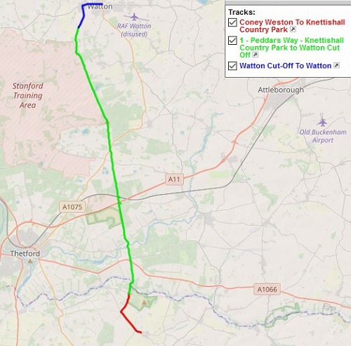 Day 1 - Coney Weston To Watton route map