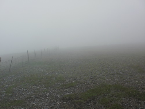 After Bakestall, following the fence in the clouds towards Skiddaw