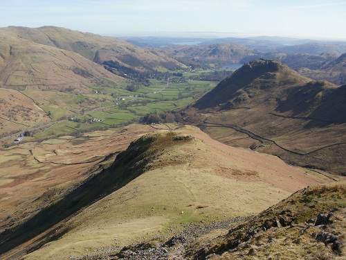 Descending Steel Fell with Helm Crag on the right