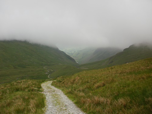 Descending Gatescarth Pass as the clouds get lower