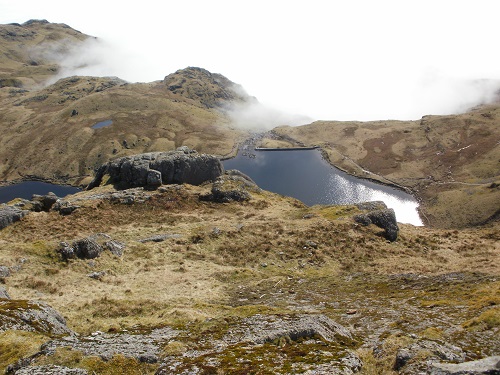 Looking down at Stickle Tarn from Pavey Ark