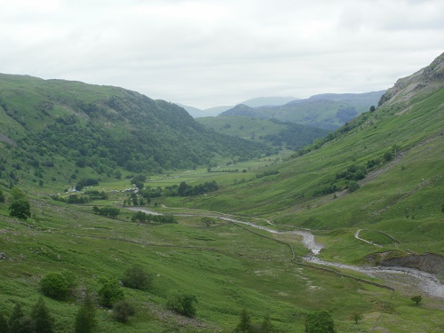 Looking back towards Seathwaite and the line of parked cars