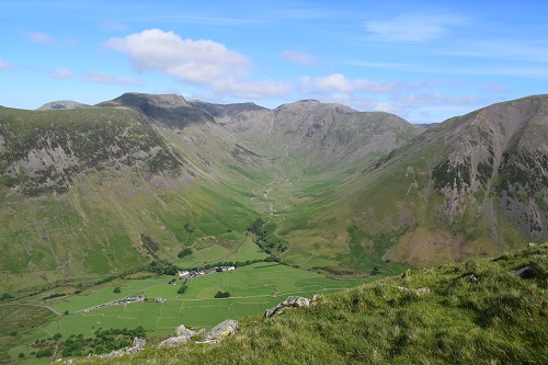 Looking down at the Wasdale Inn from Lingmell