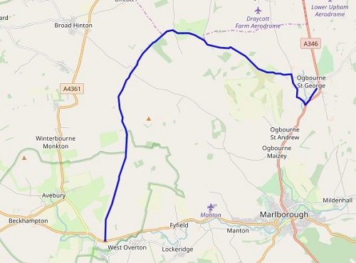 My route between the start at Overton Hill and Ogbourne St. George