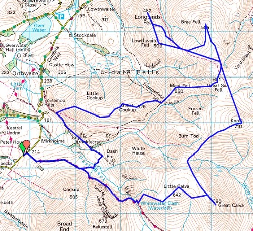 The circular walk route from Orthwaite