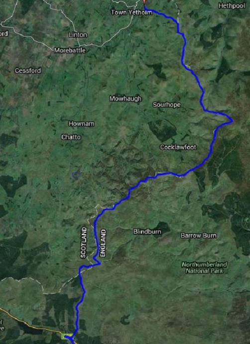 The map showing the route between Byrness and Kirk Yetholm on the Pennine Way