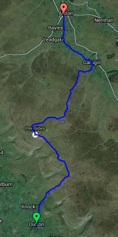 The map showing the route between Dufton and Alston on the Pennine Way