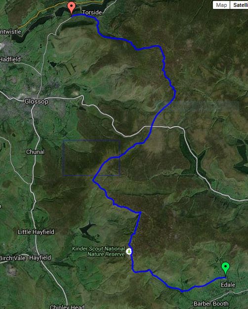 The map showing the route between Edale and Torside on the Pennine Way