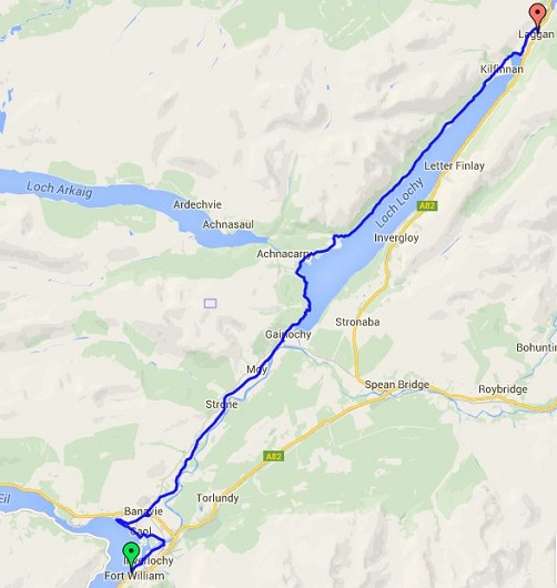 The map showing the route between Fort William and South Laggan on the Great Glen Way