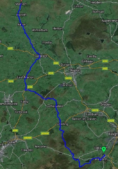 The map showing the route between Haworth and Malham on the Pennine Way