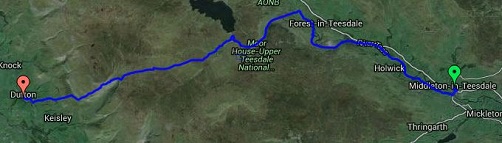 The map showing the route between Middleton Upon Tees and Dufton on the Pennine Way