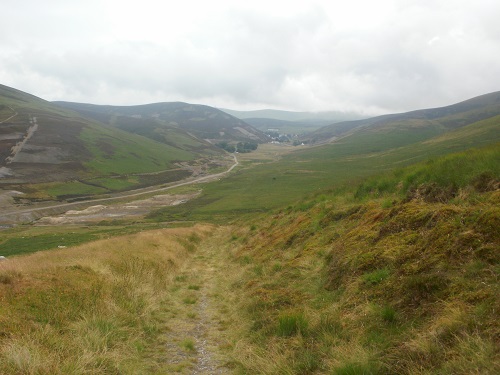 Descending a grassy track down towards Wanlockhead