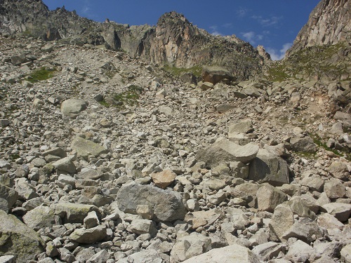 Part of the vast boulder field to be crossed ascending the Fenetre D'Arpette